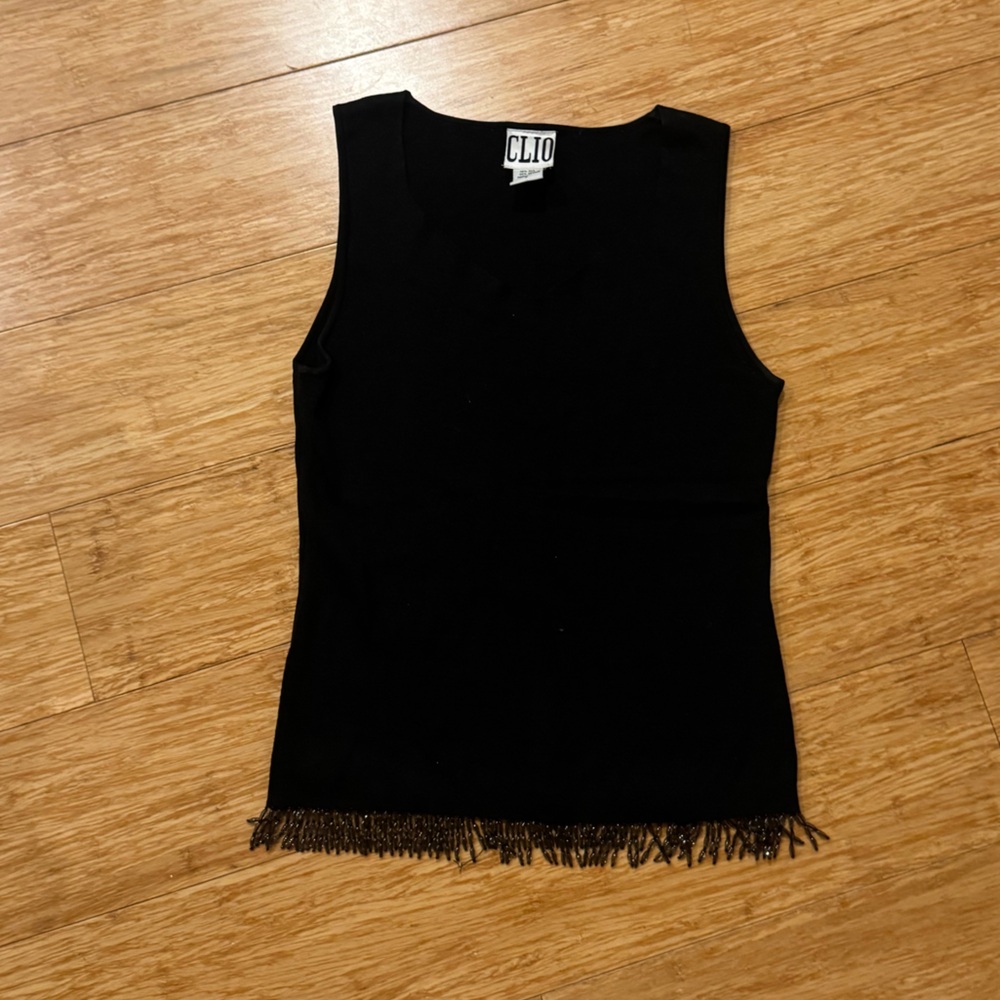 Vintage Clio black beaded fringe v-neck sleeveless blouse